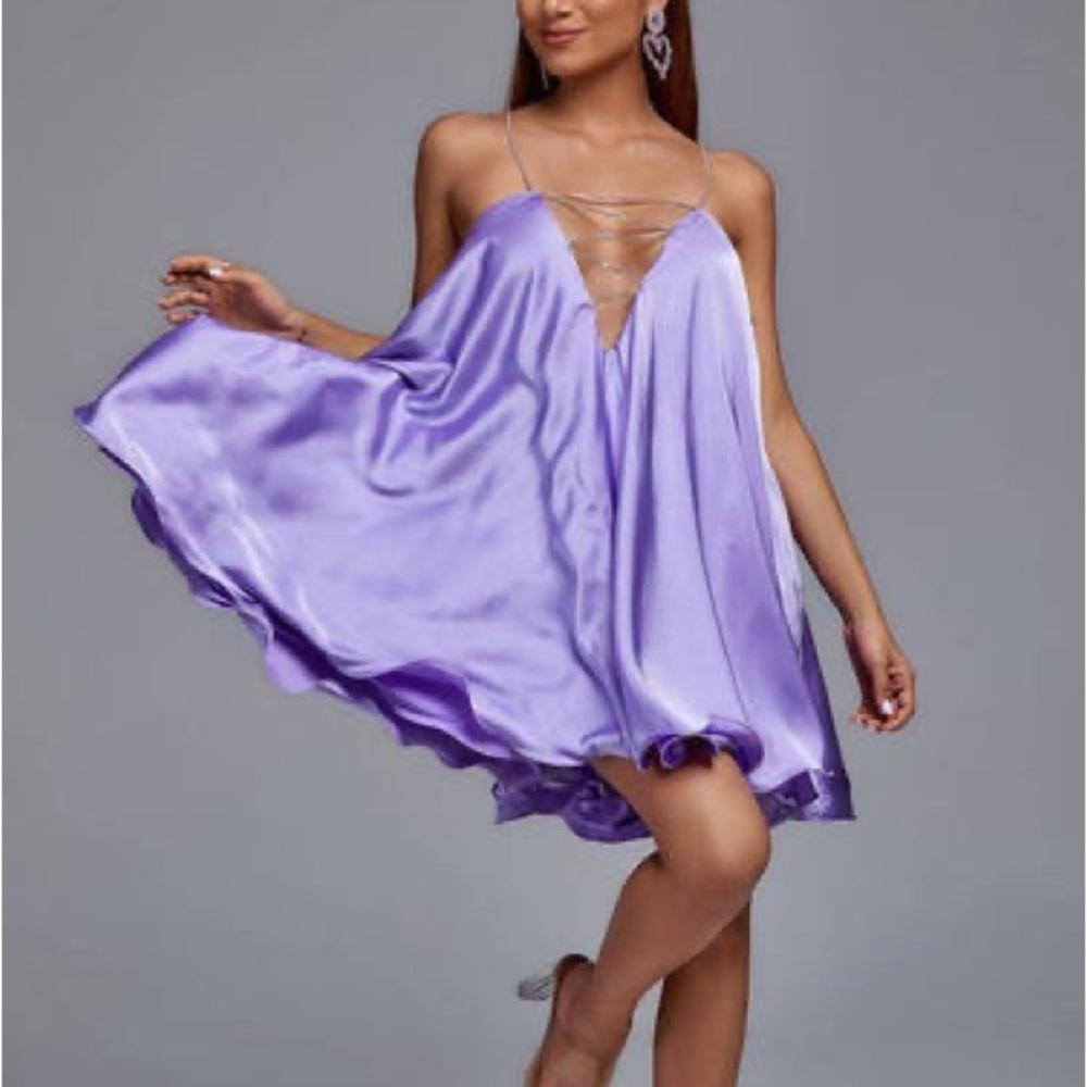 Purple Satin Mini Rhinestone Ruffle Dress - Picture 3 of 4